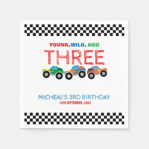Young Wild and Three Monster Truck Boy Birthday  Napkin