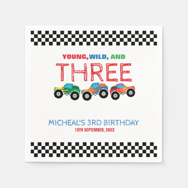 Young Wild and Three Monster Truck Boy Birthday  Napkin (Front)