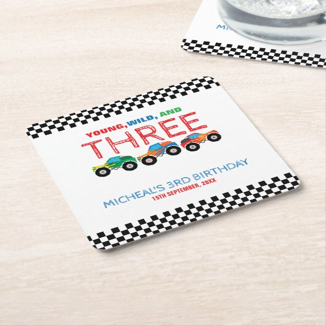 Young Wild and Three Monster Truck Boy Birthday  Square Paper Coaster (Angled)
