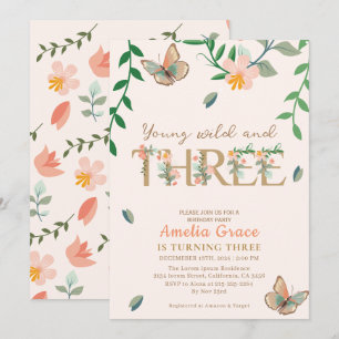 Young wild and three peach floral 3rd birthday  invitation