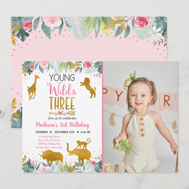 Young Wild And Three Pink Gold Safari Birthday Invitation (Front/Back)
