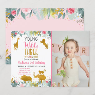 Young Wild And Three Pink Gold Safari Birthday Invitation