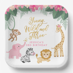 Young Wild and Three - Pink Safari Girl's 3rd Paper Plate