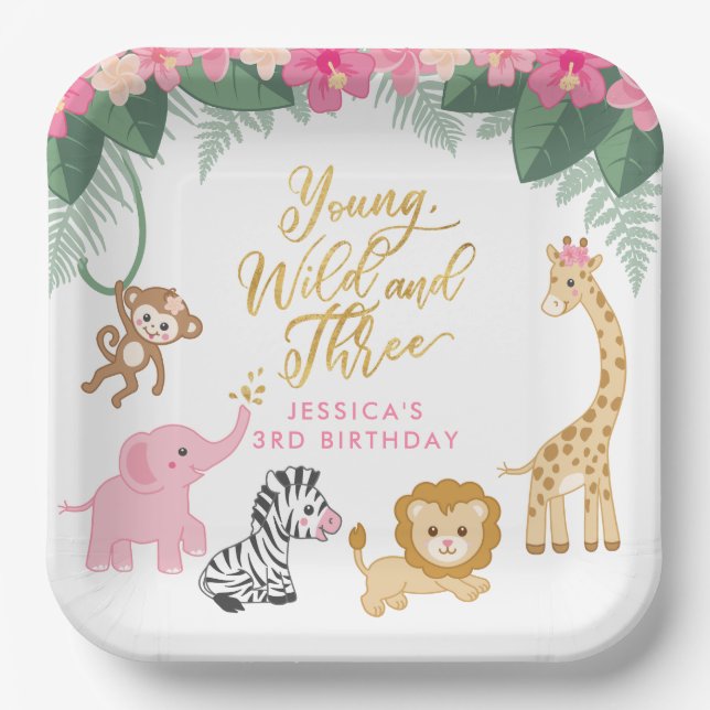 Young Wild and Three - Pink Safari Girl's 3rd Paper Plate (Front)