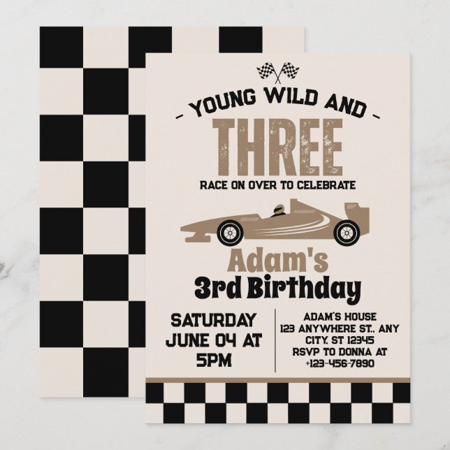 Young Wild and Three Race Car 3rd Birthday Party  Invitation (Front/Back)