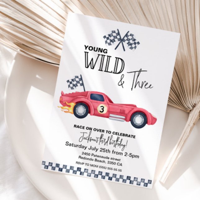 YOUNG Wild and Three Red Race Car Birthday  Invitation (Race car Red Young Wild and three birthday invitation)