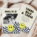 Young Wild and Three  Retro Boys 3rd Birthday  Invitation<br><div class="desc">Wild and three birthday invitation
happy face invitations
Cool and fun kid's Retro theme 3rd birthday party invitation featuring Cool retro styles with checked pattern and happy  faceThe text says "young,  wild and three." Perfect for a boy's birthday party.</div>