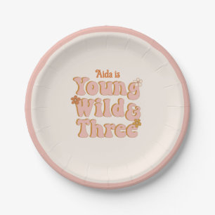 Young Wild and Three Retro Daisy 3rd Birthday Paper Plate