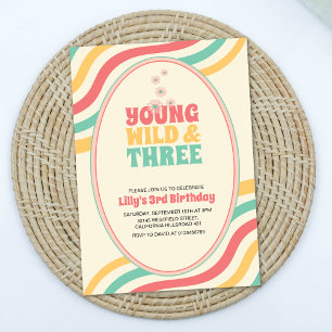 Young Wild And Three Retro Groovy 3rd Birthday Invitation