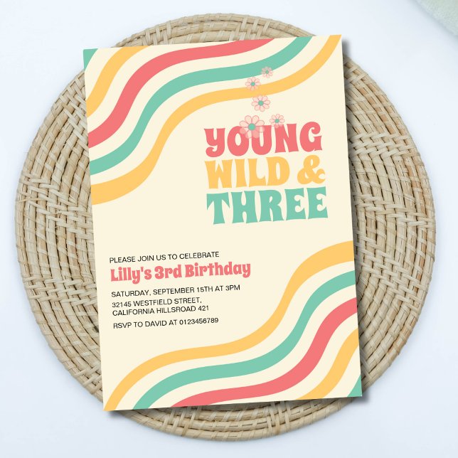 Young Wild And Three Retro Groovy 3rd Birthday Invitation (Creator Uploaded)