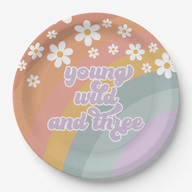Young Wild and Three Retro Rainbow Paper Plate (Front)
