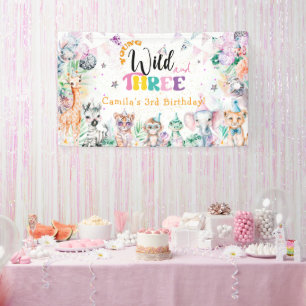 Young Wild and Three Safari Animal 3rd Birthday Banner