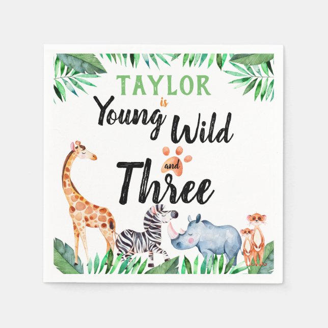 Young Wild and Three Safari Animal 3rd Birthday Napkin (Front)