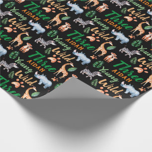 Young Wild and Three Safari Animal 3rd Birthday Wrapping Paper