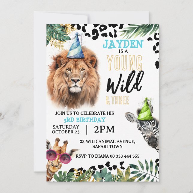 Young Wild and Three Safari Animals 3rd Birthday Invitation (Front)