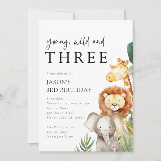 Young Wild and Three Safari Animals 3rd Birthday Invitation (Front)