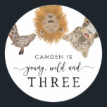 Young Wild and Three Safari Animals Birthday Party Classic Round Sticker<br><div class="desc">Cute safari theme kid's 3rd birthday party favour sticker featuring hand drawn illustration of a giraffe,  leopard,  rhino,  lion,  elephant,  and zebra. The text at the top says "XX is young wild and three" Great for a boy's party!</div>