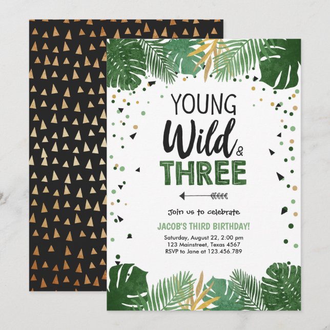Young Wild and Three Safari Animals Boy Birthday Invitation (Front/Back)