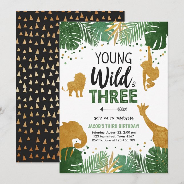 Young Wild and Three Safari Animals Boy Birthday Invitation (Front/Back)
