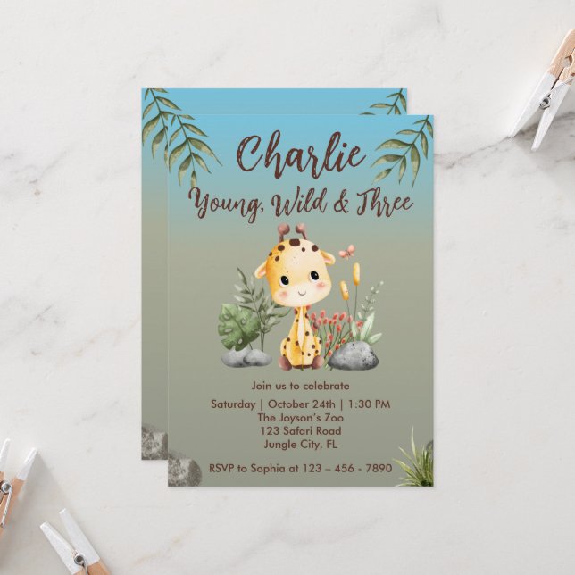 Young Wild and Three Safari Animals Giraffe 3rd Invitation (Front/Back In Situ)