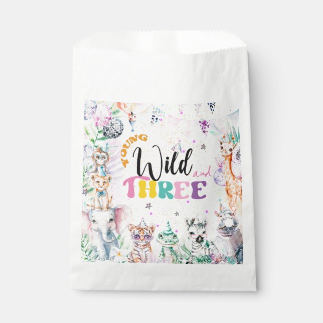 Young Wild and Three Safari Animals Girl Birthday Favour Bag (Front)
