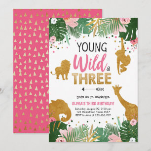 Young Wild and Three Safari Animals Girl Birthday Invitation