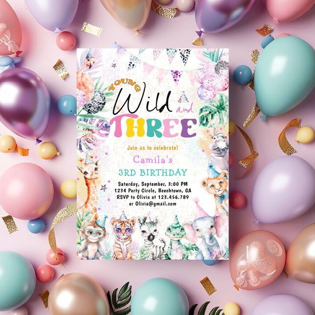 Young Wild and Three Safari Animals Girl Birthday Invitation (Creator Uploaded)