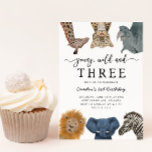 Young Wild and Three Safari Birthday Party Invitat Invitation<br><div class="desc">Cute and fun kid's safari animals theme 3rd birthday party invitation featuring illustration of safari animals of giraffe,  snow leopard,  rhino,  lion,  elephant,  and zeebra. The text says "young,  wild and three." Perfect for a boy's birthday party.</div>