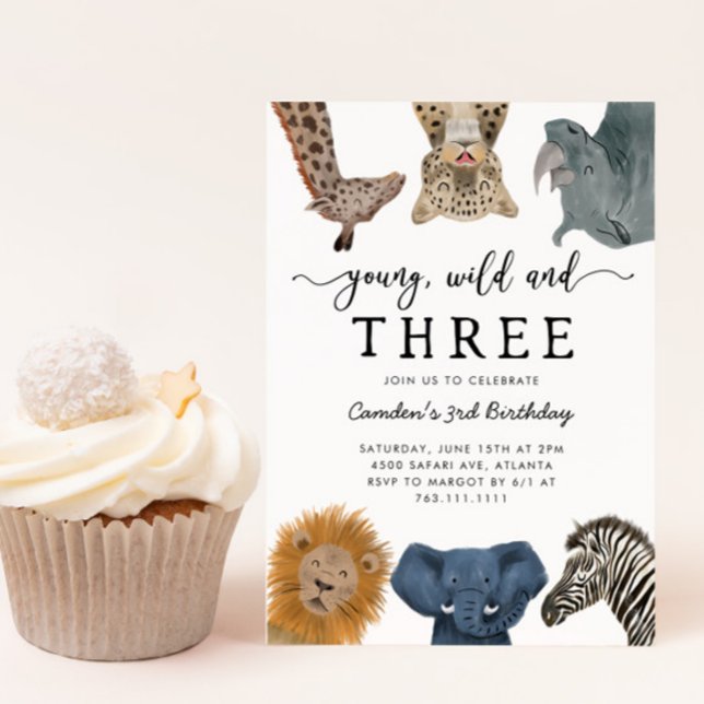 Young Wild and Three Safari Birthday Party Invitat Invitation (Creator Uploaded)