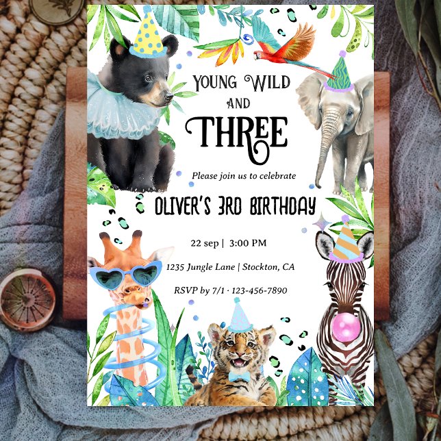 Young Wild and Three Safari Birthday Party  Invitation (Creator Uploaded)