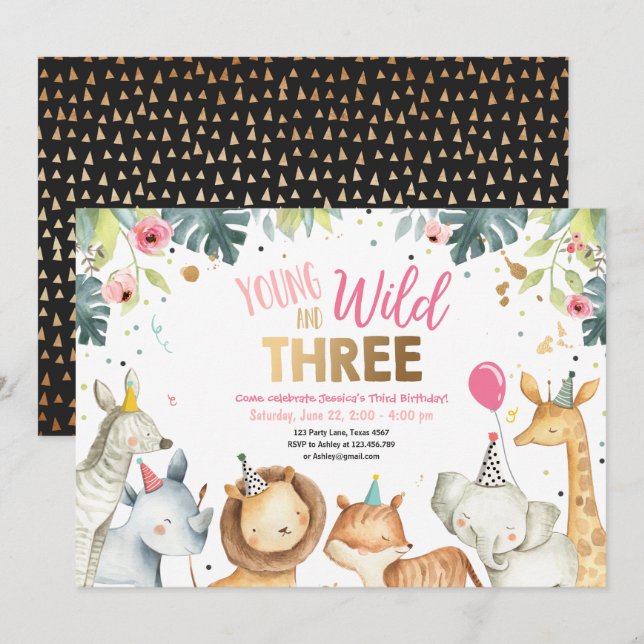 Young Wild and Three Safari Girl Animals Birthday Invitation (Front/Back)