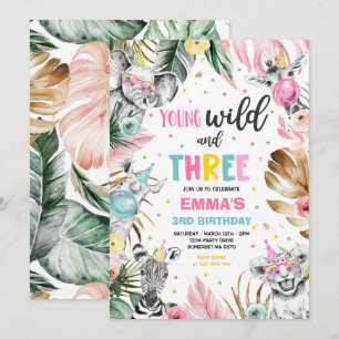 Young Wild And Three Safari Jungle Animals Party Invitation