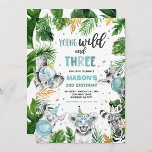 Young Wild And Three Safari Jungle Animals Party Invitation
