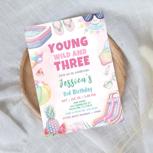 Young Wild And Three - Summer Girl Birthday Party Invitation