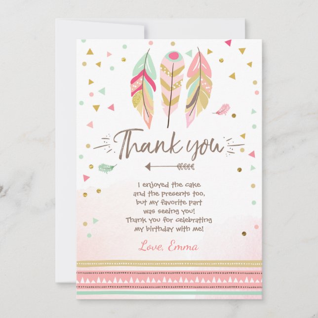 Young wild and three Thank You Card Feathers Boho (Front)