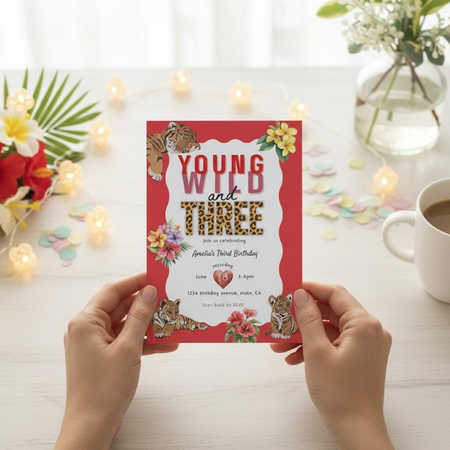 Young Wild and Three Tiger Tropical Birthday Invitation (Creator Uploaded)