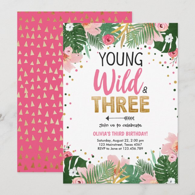 Young Wild and Three Tropical Safari Girl Birthday Invitation (Front/Back)