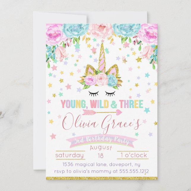 Young Wild and Three Unicorn Birthday Invitations (Front)