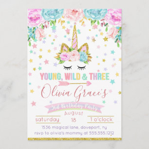 Young Wild and Three Unicorn Birthday Invitations