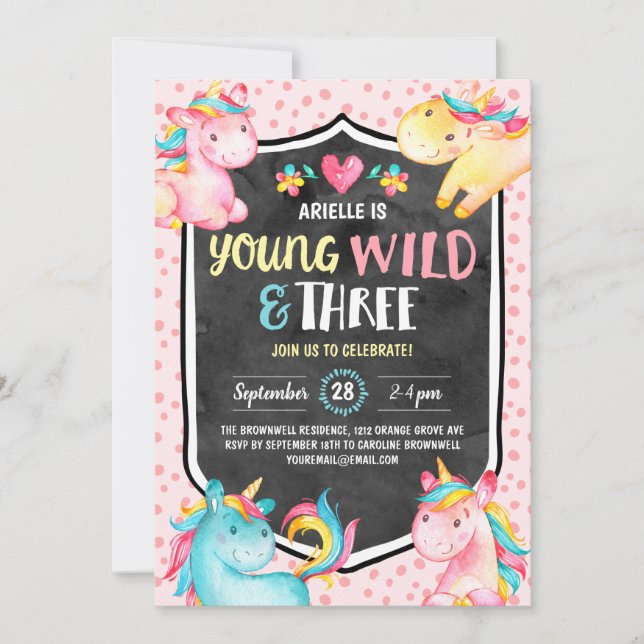Young Wild and Three Unicorn Birthday Party Invitation (Front)