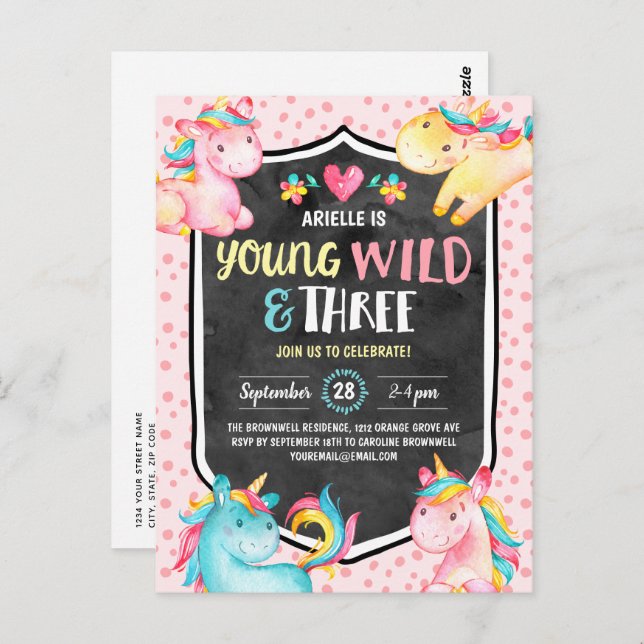 Young Wild and Three Unicorn Birthday Party Postcard (Front/Back)