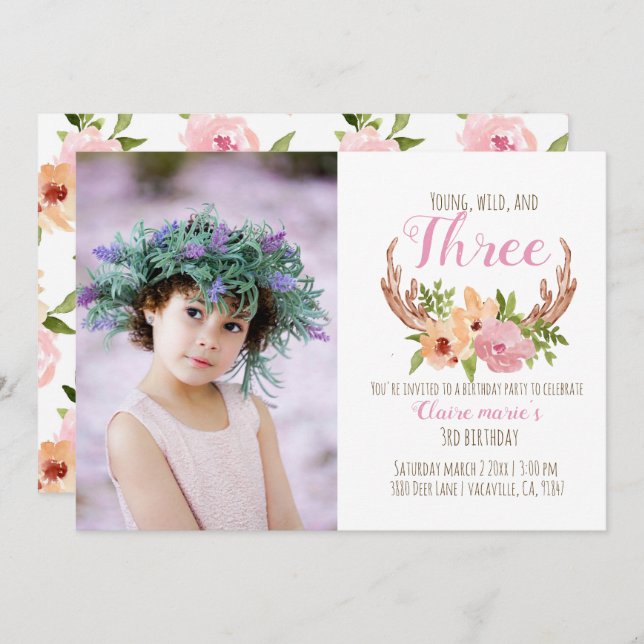Young wild and three woodland birthday invite (Front/Back)