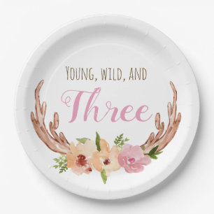 Young wild and three woodland birthday paper plate