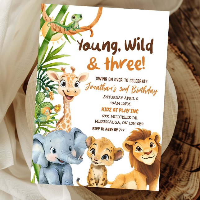 Young Wild and Three Zoo Safari Boy Third Birthday Invitation (Creator Uploaded)