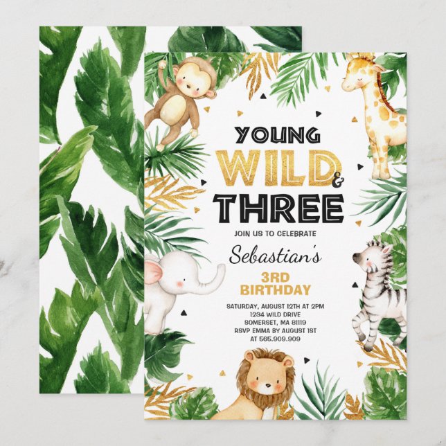 Young Wild Et Trois Ans Invitation Safari Party (Devant / Derrière)