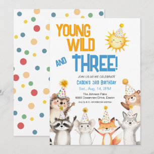 Young Wild Forest Animals Party Hats 3rd Birthday Invitation