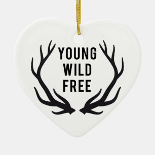 young, wild, free, text design with deer antlers ceramic ornament