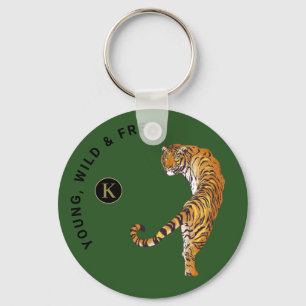 Young, Wild & Free Tiger Monogram Green Background Keychain