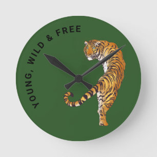 Young, Wild & Free Tiger Monogram Green Background Round Clock