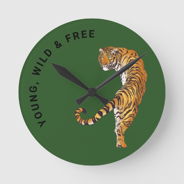 Young, Wild & Free Tiger Monogram Green Background Round Clock (Front)